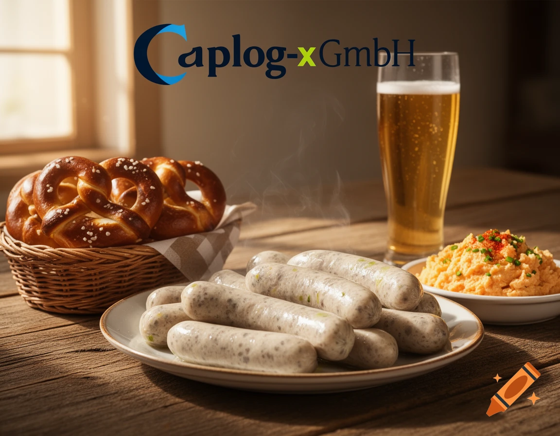 A Bavarian breakfast spread with steaming white sausages, pretzels in a basket, Obazda, and a glass of beer. The Caplog-x GmbH logo is in the background.