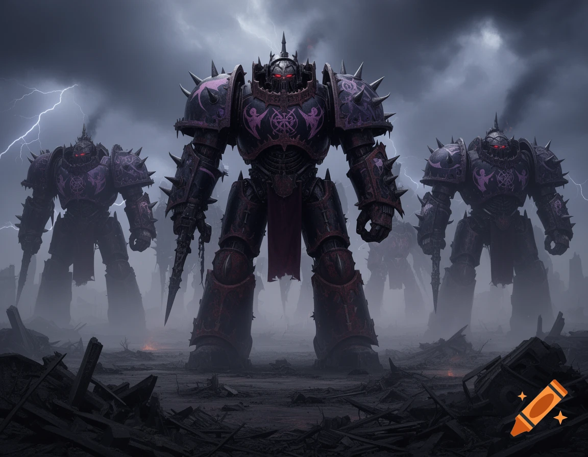 Three massive, black and purple armored chaos knights stand menacingly in a desolate, stormy wasteland with lightning in the sky.