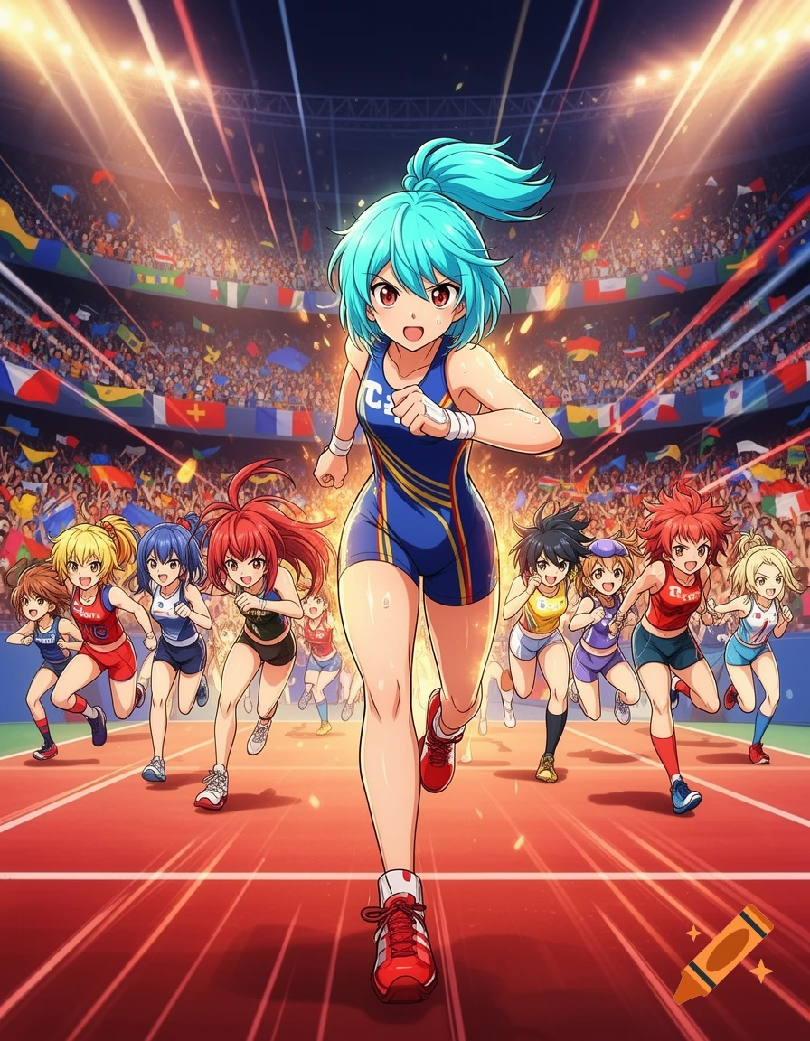 Anime athletes race on a track in a vibrant stadium filled with cheering crowds and national flags.