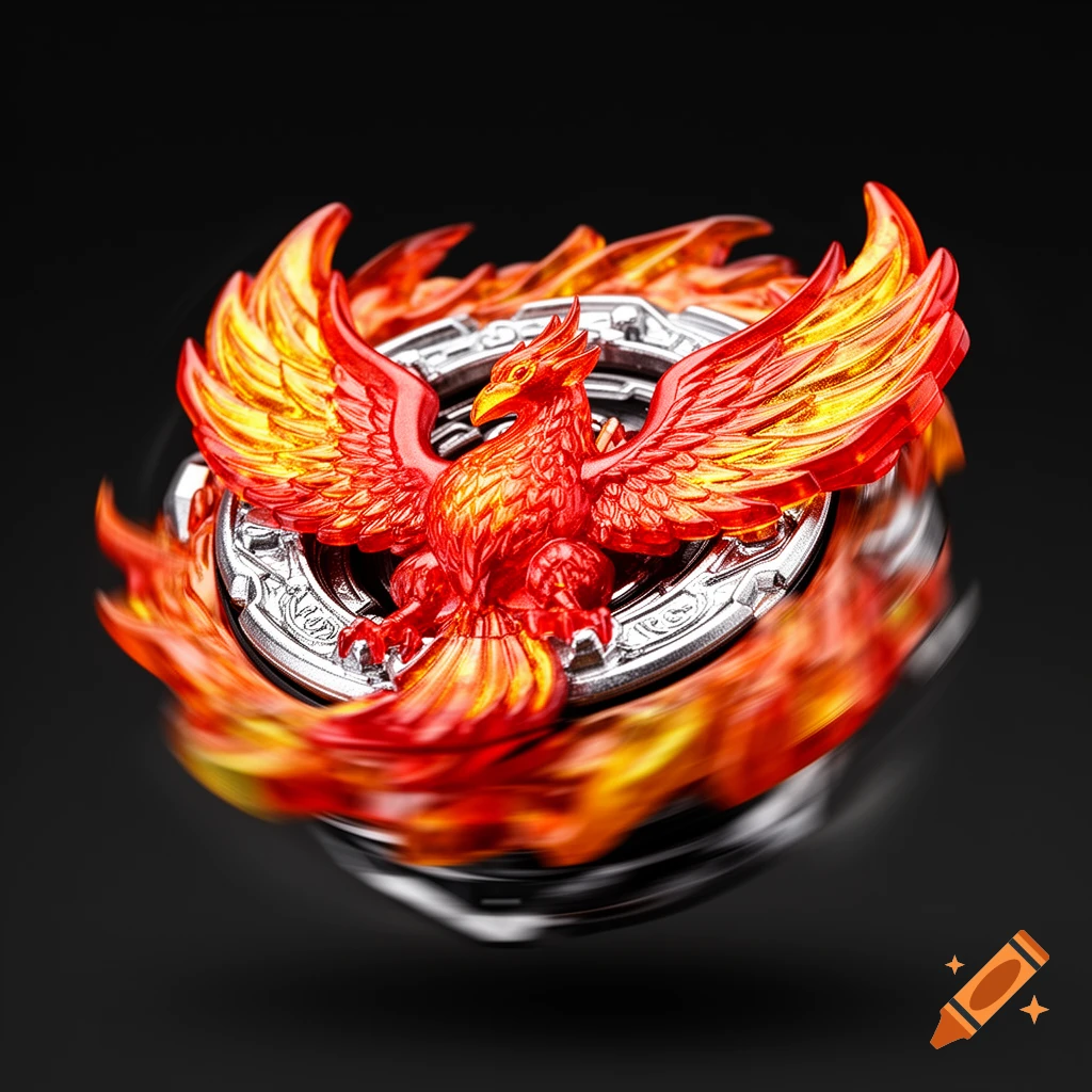 A vibrant red and orange phoenix-themed Beyblade with fire-like wings, spinning on a dark background.