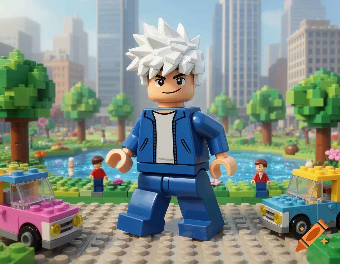 A Lego figure with spiky white hair stands in a city park with other Lego figures, cars, trees, and buildings in the background.