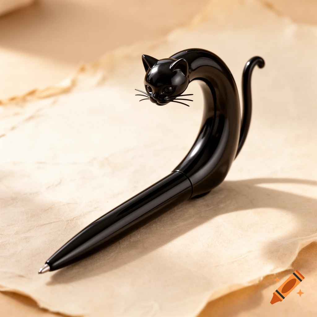 A glossy black pen shaped like a crouching cat with a curved body and an upright tail, resting on beige crumpled paper.