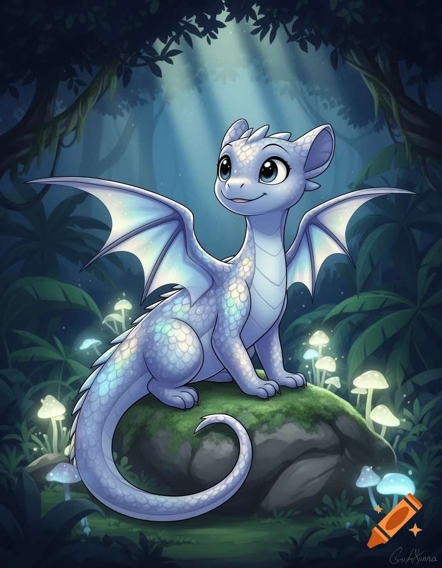 A cute, iridescent light blue dragon with sparkling wings sits on a mossy rock amidst glowing mushrooms in a dark, magical forest.