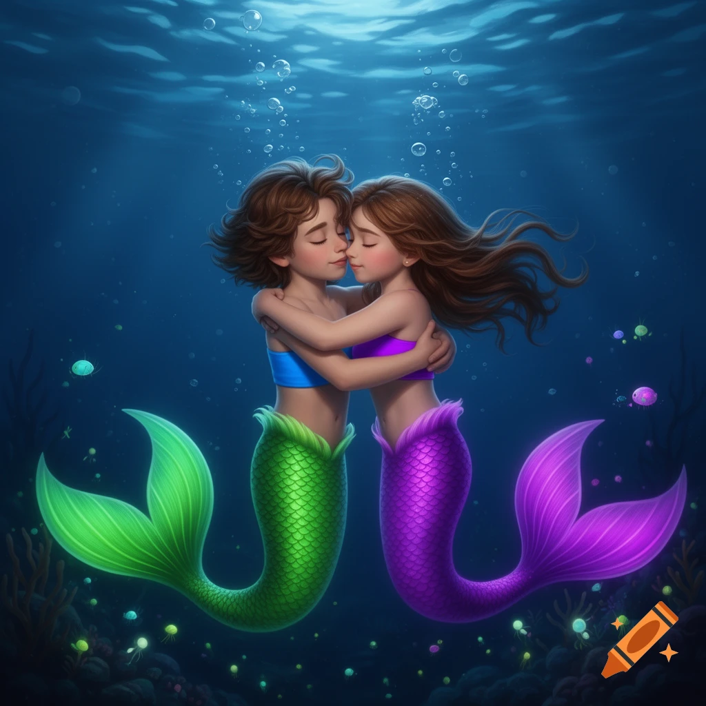 Illustrated image of two young mermaids, one with a green tail and blue top, the other with a purple tail and top, embracing underwater.