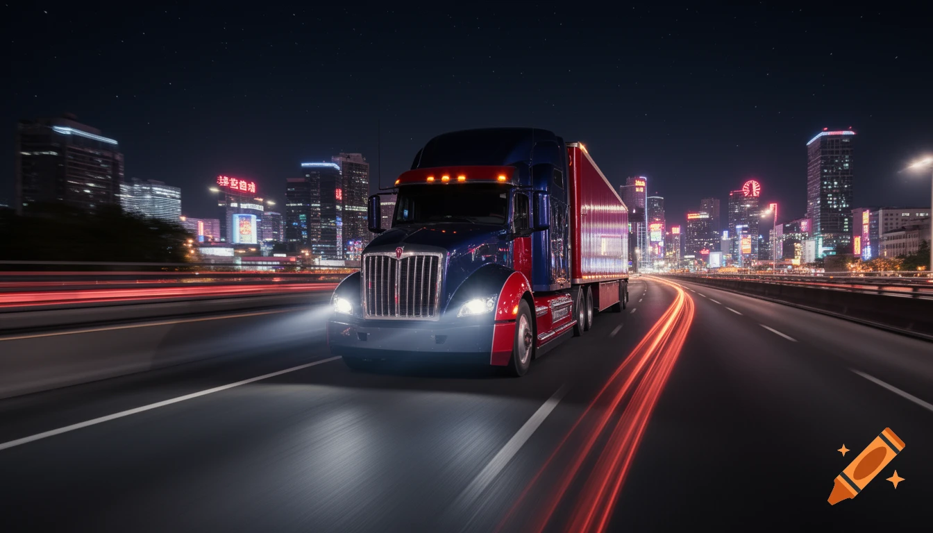 A dark blue and red semi-truck drives fast on a highway at night with city lights and red light trails in the background.