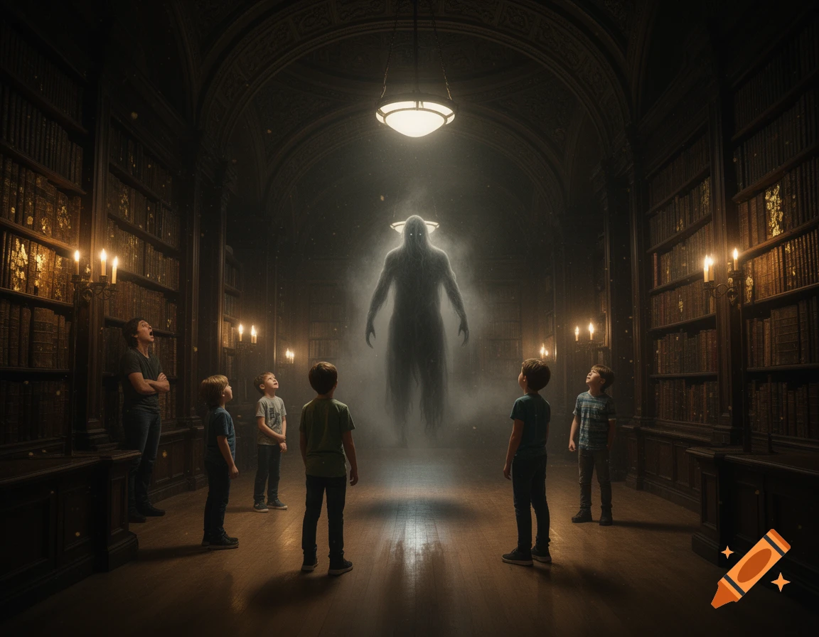 A tall, glowing-eyed ghost looms over five children and an adult in a dark, ornate library lit by candelabras.