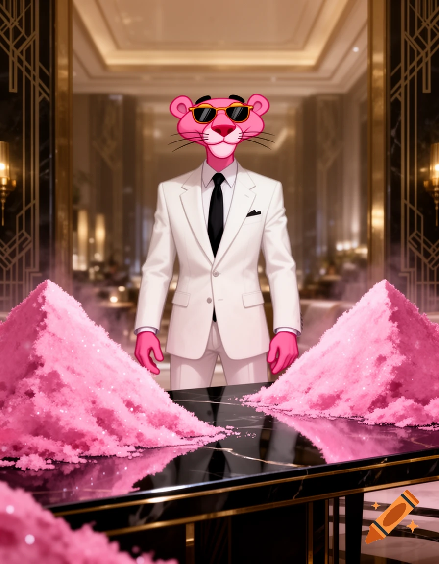The Pink Panther, wearing a white suit and sunglasses, stands in a luxurious room between two large piles of sparkling pink powder.