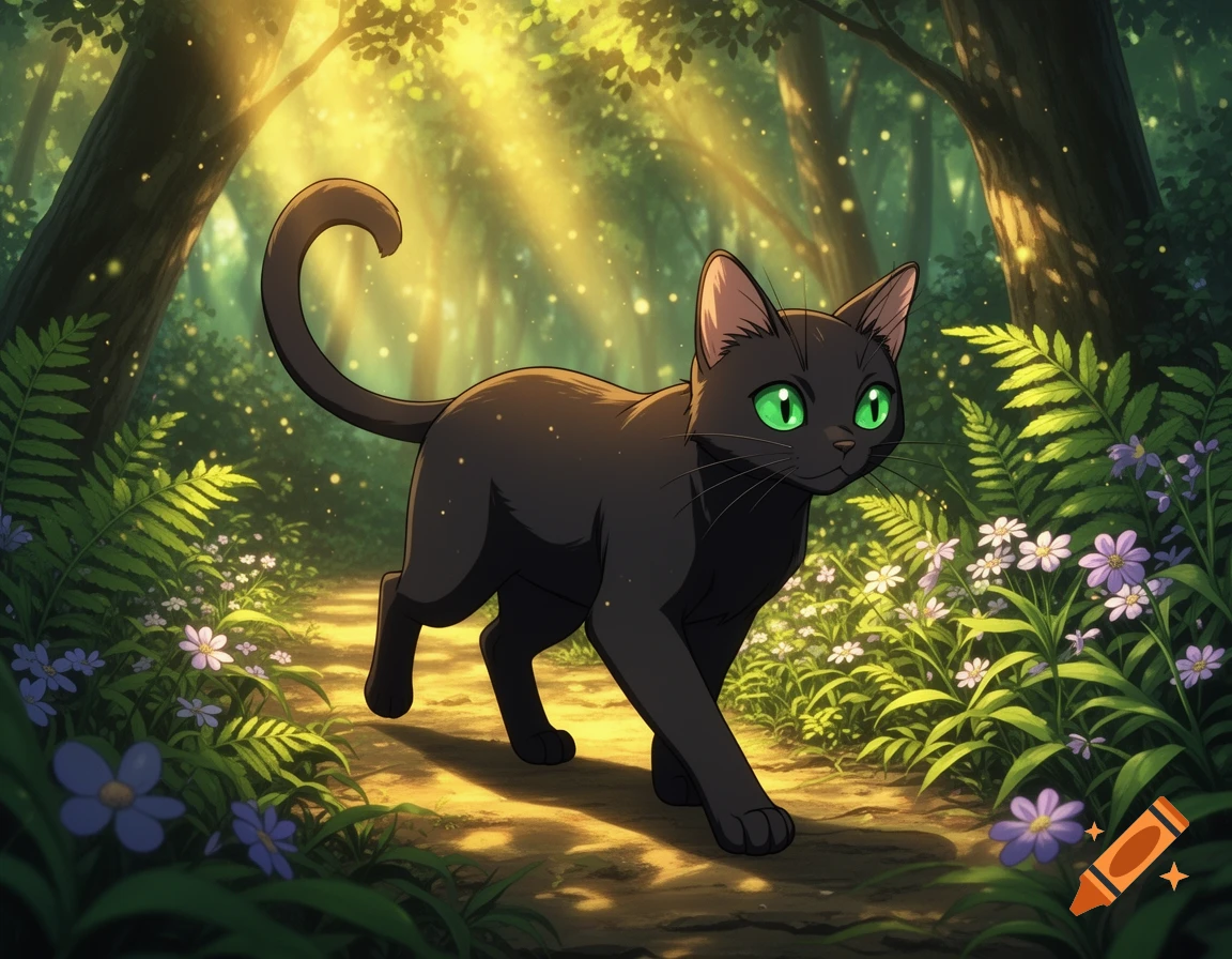 A black cat with vibrant green eyes walks on a sun-dappled path in a ...