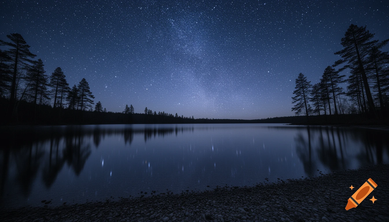 A wide shot of a tranquil lake reflecting a clear, star-filled night sky and silhouetted pine trees on its banks.