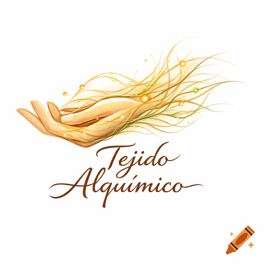 An artistic logo featuring a softly drawn human hand with golden, flowing, interconnected lines and glowing orbs, with the words "Tejido Alquímico" in brown script below it, all on a white background.