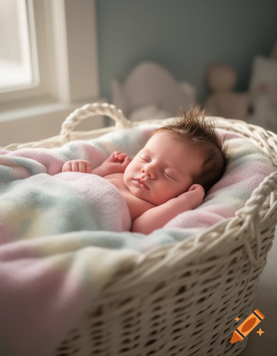 A sleeping newborn baby with spiky hair, wrapped in a pastel blanket in a white wicker basket. Photorealistic style.