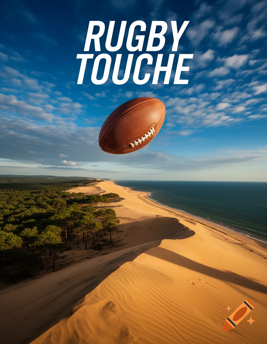 A rugby ball floats above the vast Dune du Pilat, with forests and ocean under a blue sky, featuring the text 'RUGBY TOUCHE'.