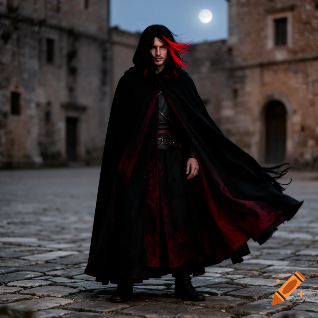 A man in a black and red cape stands in a stone courtyard under a full moon, with old buildings in the background.