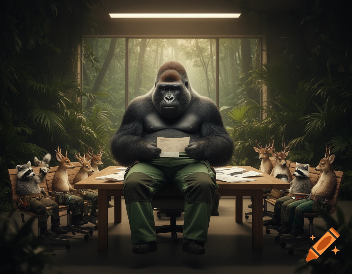 A photorealistic image of a gorilla in green trousers holding a paper, sitting at a table with raccoons and deer in a jungle-themed meeting room.