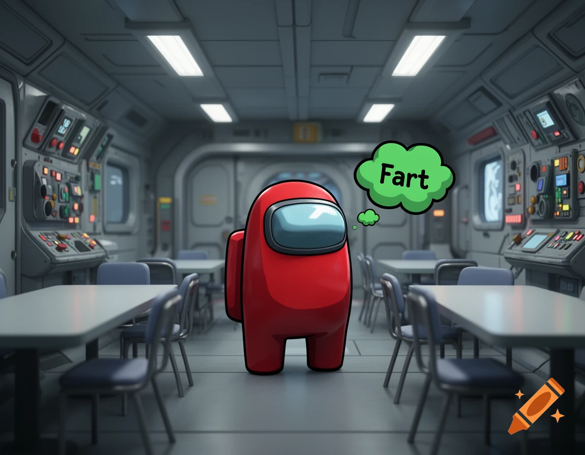 A red Among Us character stands in a futuristic spaceship cafeteria, with a thought bubble above its head saying 'Fart'.