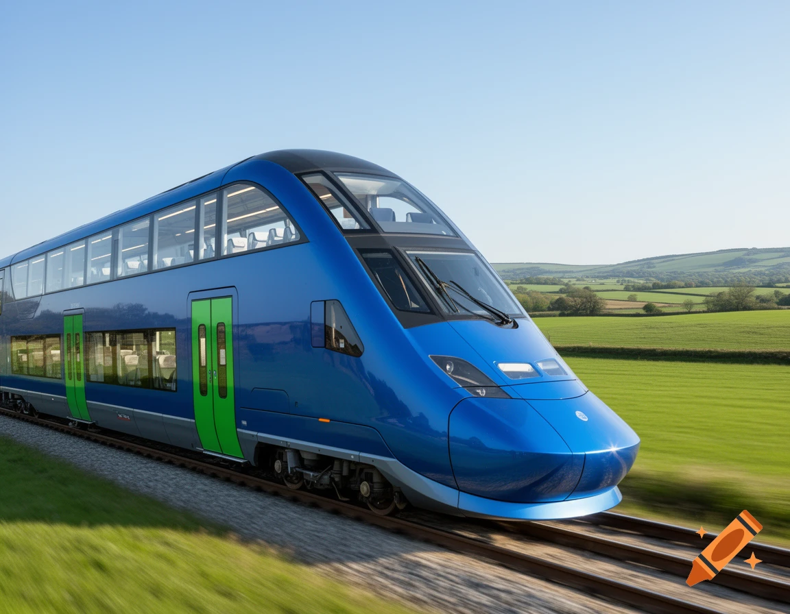 A photorealistic image of a blue double-decker high-speed train with green doors speeding through a vibrant green rural landscape under a clear blue sky.