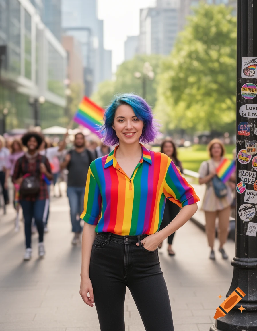 A woman with vibrant blue and purple hair smiles, wearing a rainbow-striped shirt and black jeans, standing on a city street during a pride event.