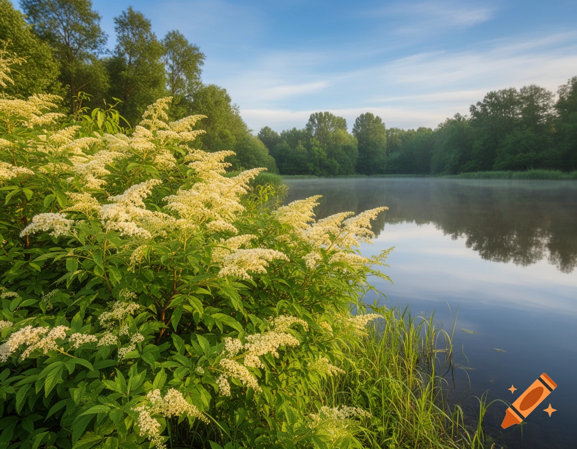 A flowering shrub with light cream blossoms stands by a misty lake, surrounded by lush green trees under a clear blue sky.