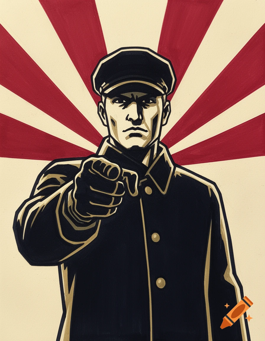 A stylized illustration of a stern man in a dark uniform and cap pointing directly forward, against a background of red and cream radiating rays.