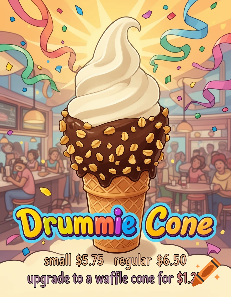Cartoon poster of a tall vanilla soft-serve ice cream cone, dipped in chocolate and rolled in peanuts, set against a bright, bustling ice cream parlor background with confetti. Text reads "Drummie Cone", "small $5.75 regular $6.50", and "upgrade to a waffle cone for $1.25".