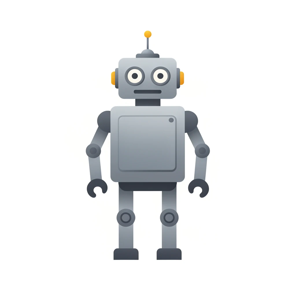 contemporary 2D stock illustration, clean simplified natural forms, flat color areas with gentle soft gradient shading, rounded believable proportions, restrained detail, no outer outlines, no texture or grain, non-photorealistic. A retro-inspired robot standing in a friendly pose, full body, centered on a pure white background. Boxy torso, round eyes, short antenna, and simplified jointed arms and legs. Palette-disciplined colors with a dominant metal-like color and one cheerful accent. Clear readable silhouette with comfortable padding, no cast shadow, no floor shadow, no extra scenery, no text.