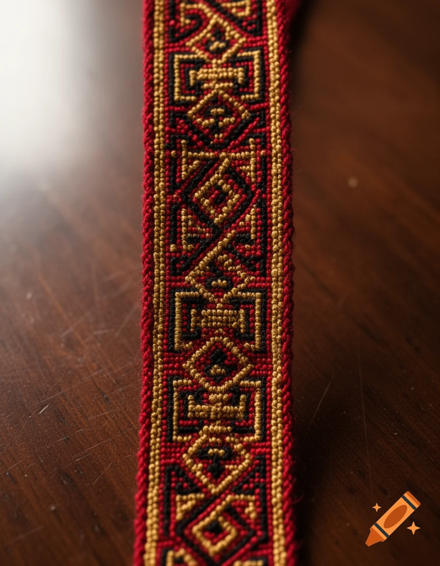 Close-up of a red, black, and gold embroidered strip with intricate geometric patterns on a wooden surface.