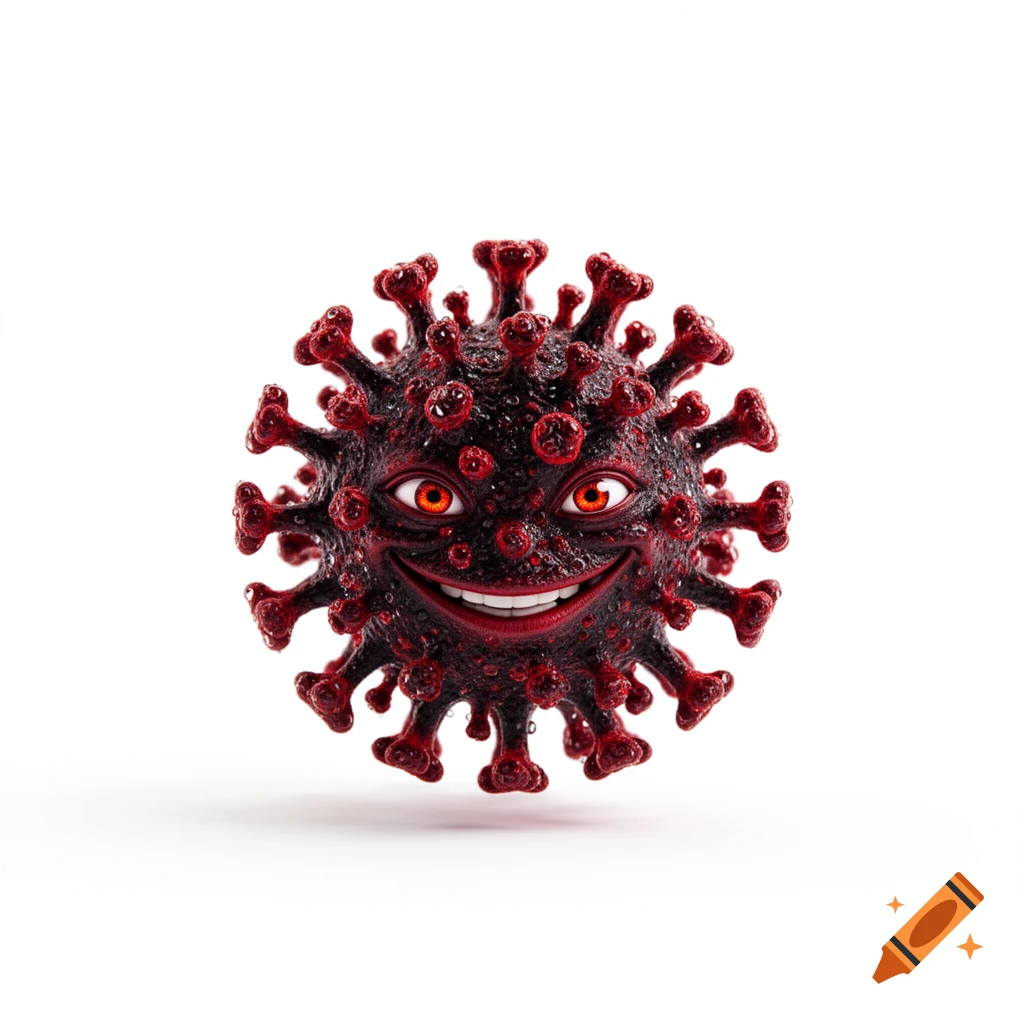 A red and black cartoon virus with a smiling face and glowing orange eyes on a white background.