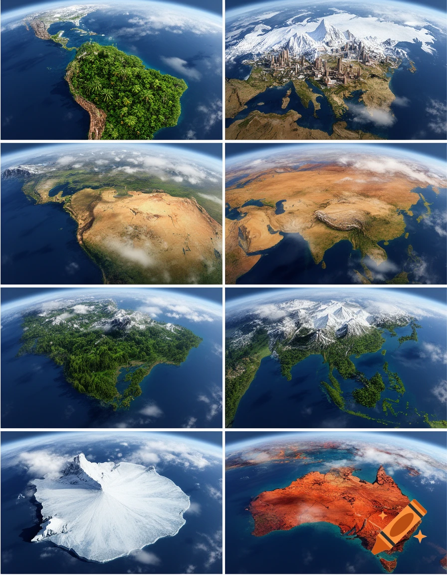 Eight distinct aerial views of stylized continents and landmasses from Earth, including lush forests, deserts, mountains, and ice.