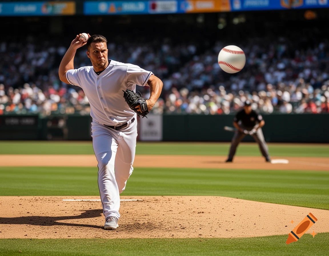 A male baseball pitcher in a white uniform throws a baseball from the mound in a sunny stadium filled with spectators.
