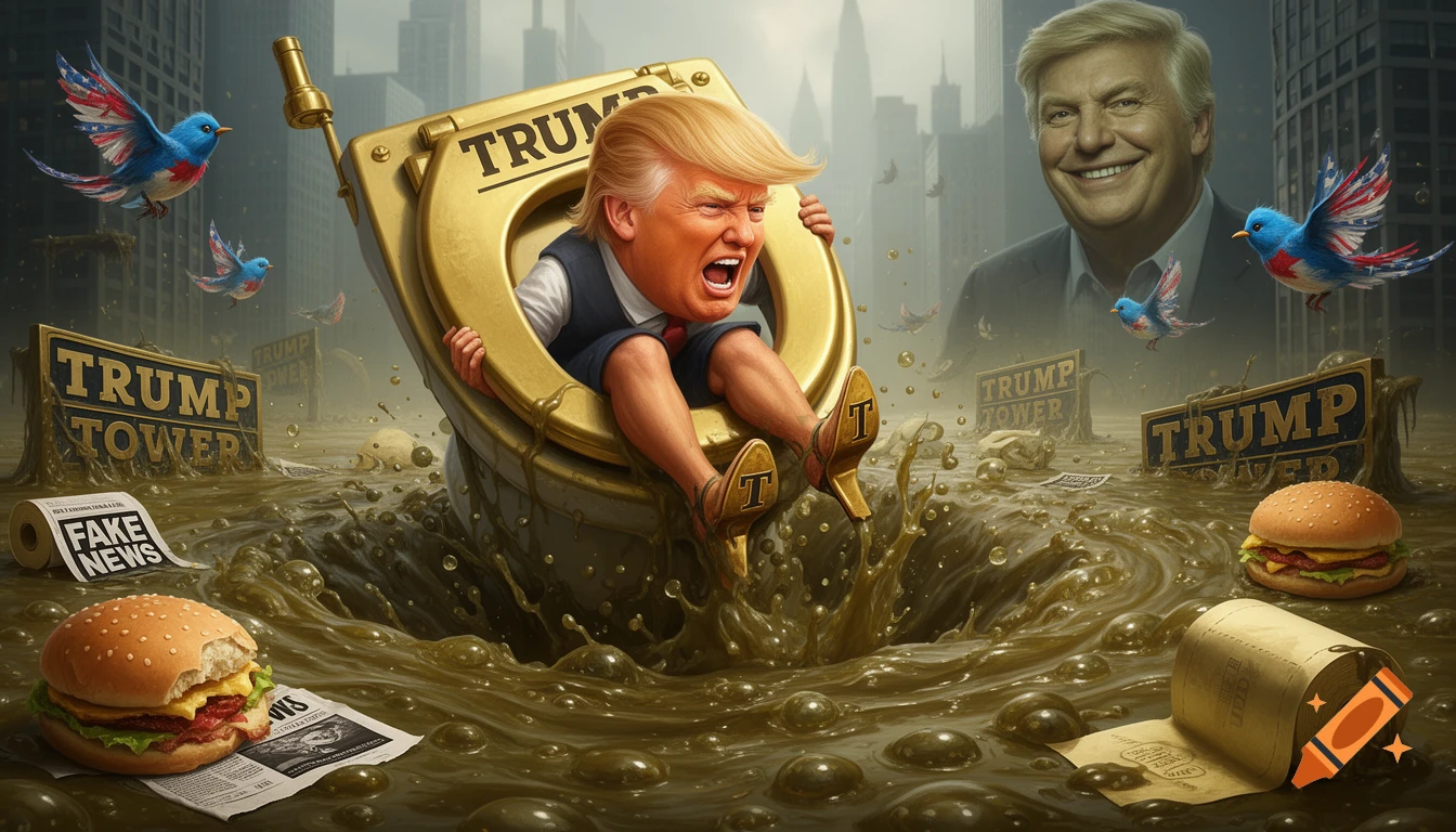 A cartoonish Donald Trump in a golden toilet sinks into a murky swamp with "Trump Tower" signs, "Fake News" toilet paper, and burgers, while a smiling figure watches from above.