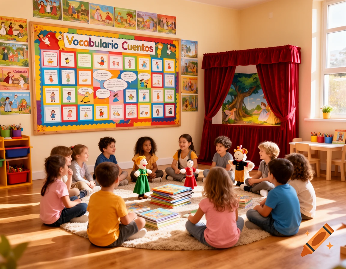 Children sit on a rug in a bright classroom, looking at books and a puppet stage with red curtains.