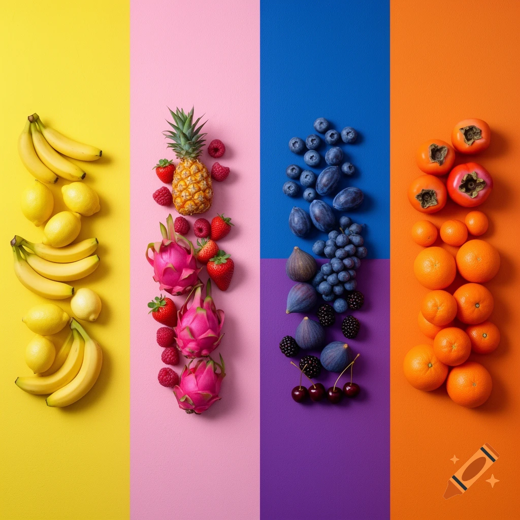 A vibrant overhead flat lay of fruits arranged by color on a split background with yellow, pink, blue, purple, and orange sections.