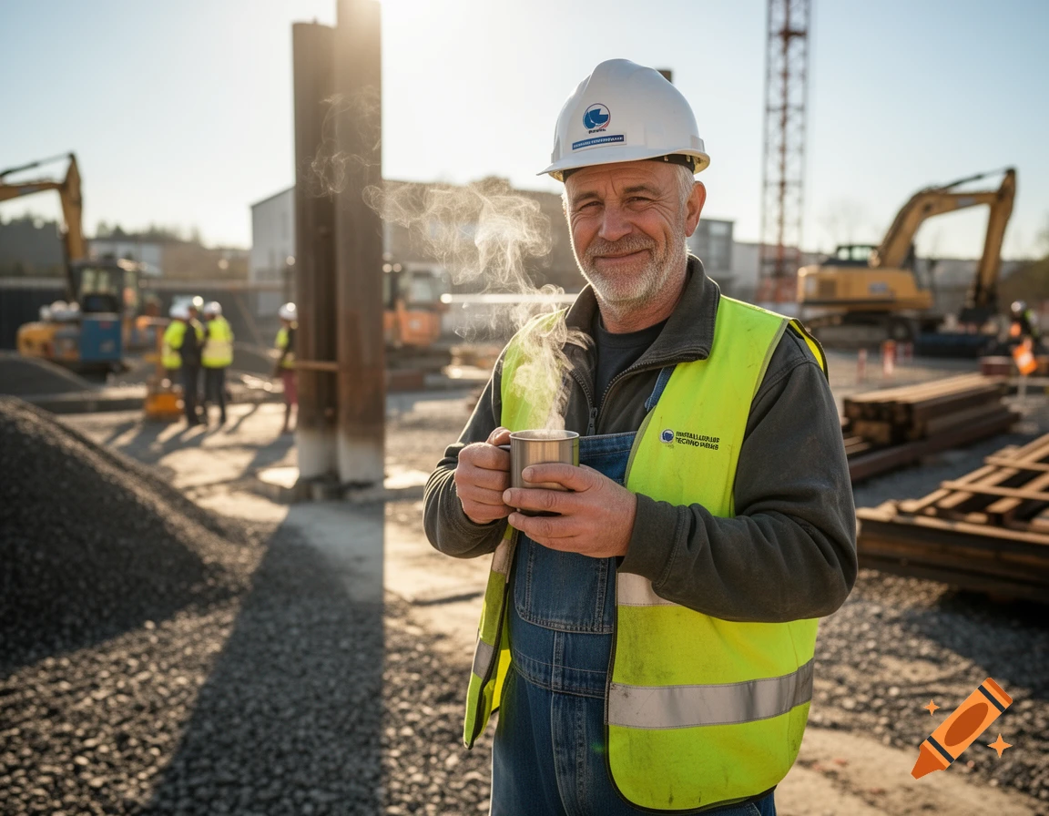A smiling construction worker wearing a hard hat, high-visibility vest, and overalls, holding a steaming mug on a sunny construction site.