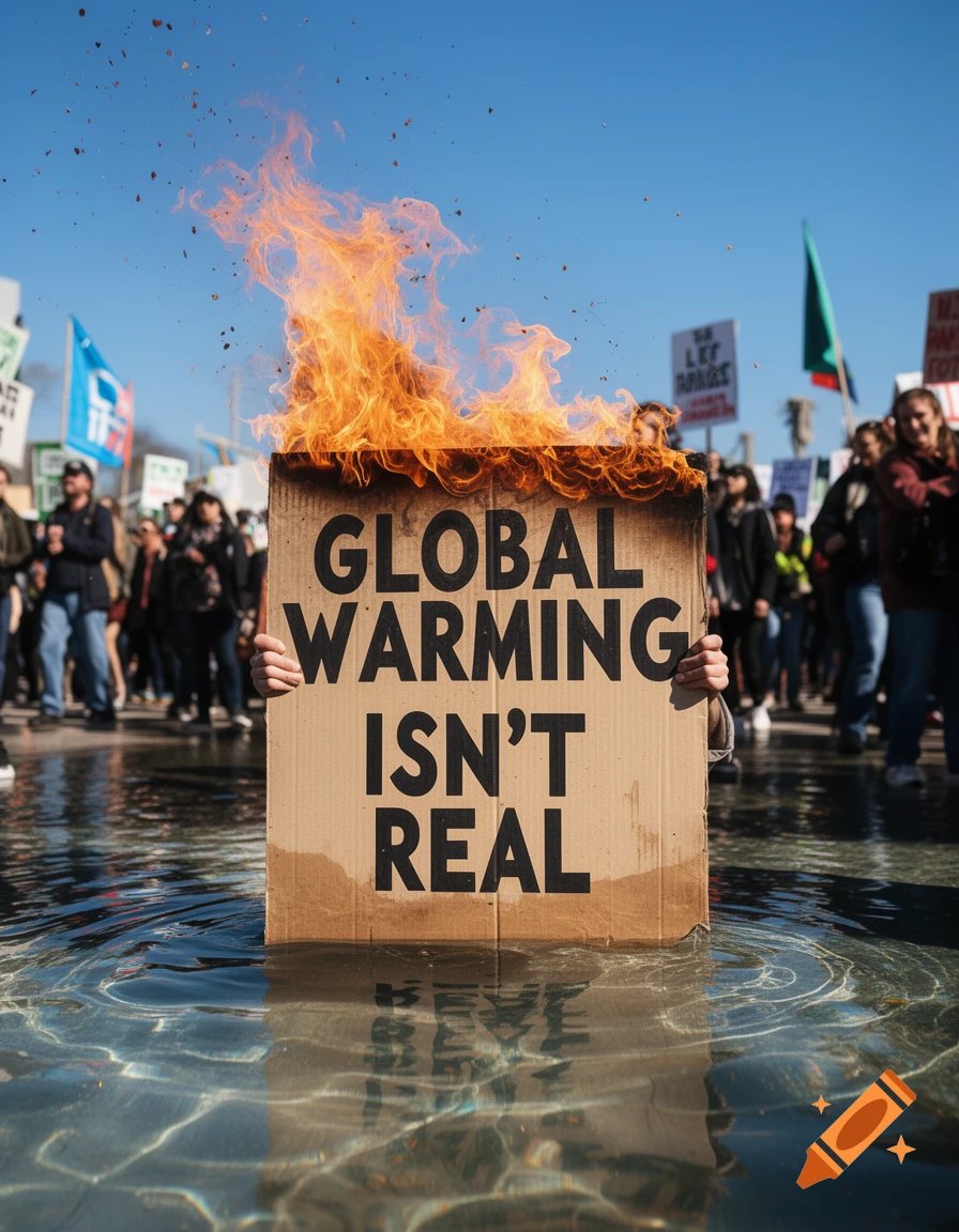 Photorealistic image of a protest sign saying 'GLOBAL WARMING ISN'T REAL', burning on top and submerged in water, held at a protest.
