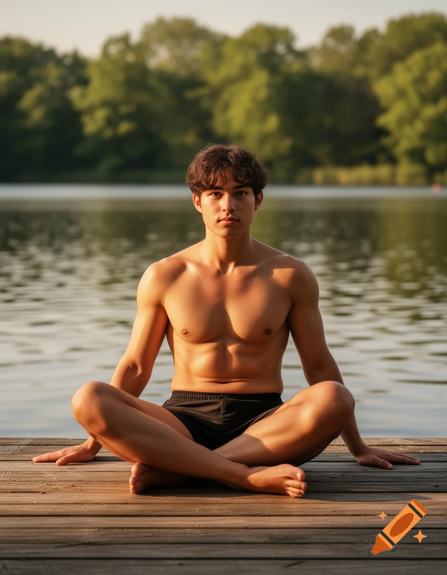 A shirtless man in black swim shorts sits cross-legged on a wooden dock by a serene lake, surrounded by green trees.