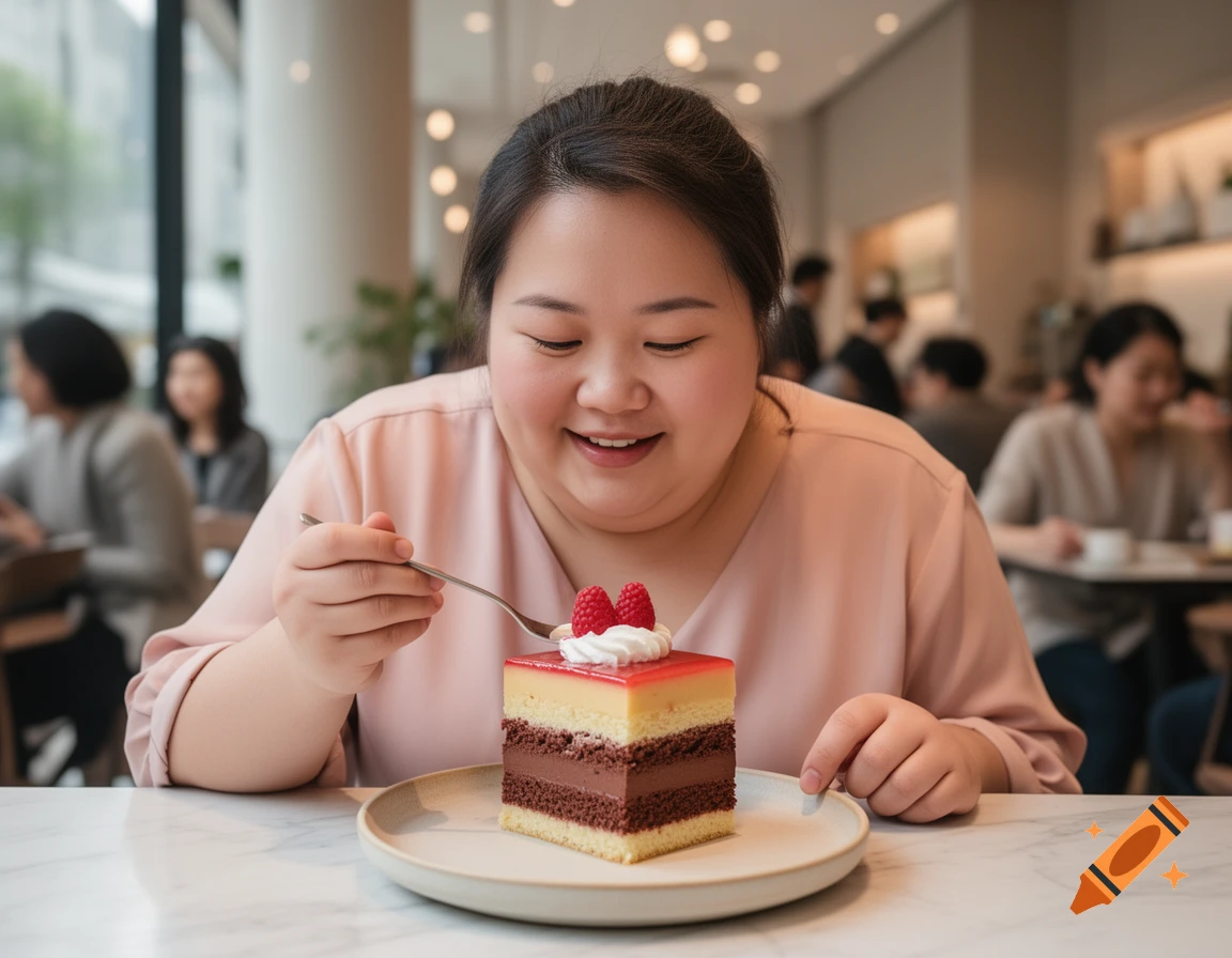 An Asian woman in a pink shirt smiles while eating a layered chocolate and vanilla cake topped with whipped cream and raspberries in a bright cafe.