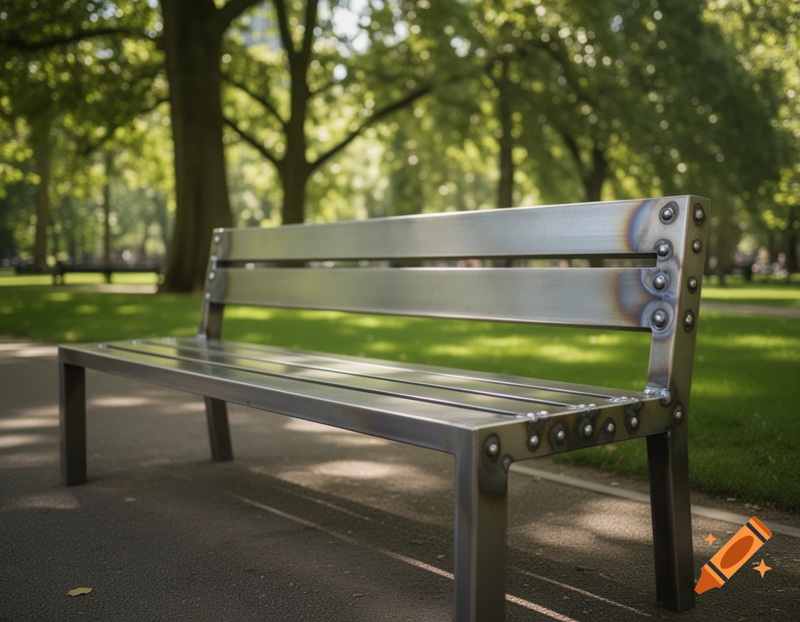 A modern, polished metal bench with visible welds and rivets sits in a sunny park with blurry green trees and grass in the background.