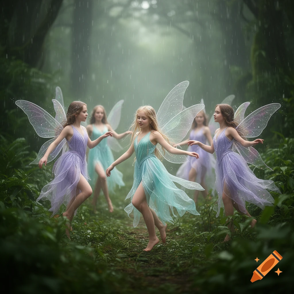 Several young fairies with translucent wings in lavender and teal dresses dance barefoot in a lush, rainy forest.