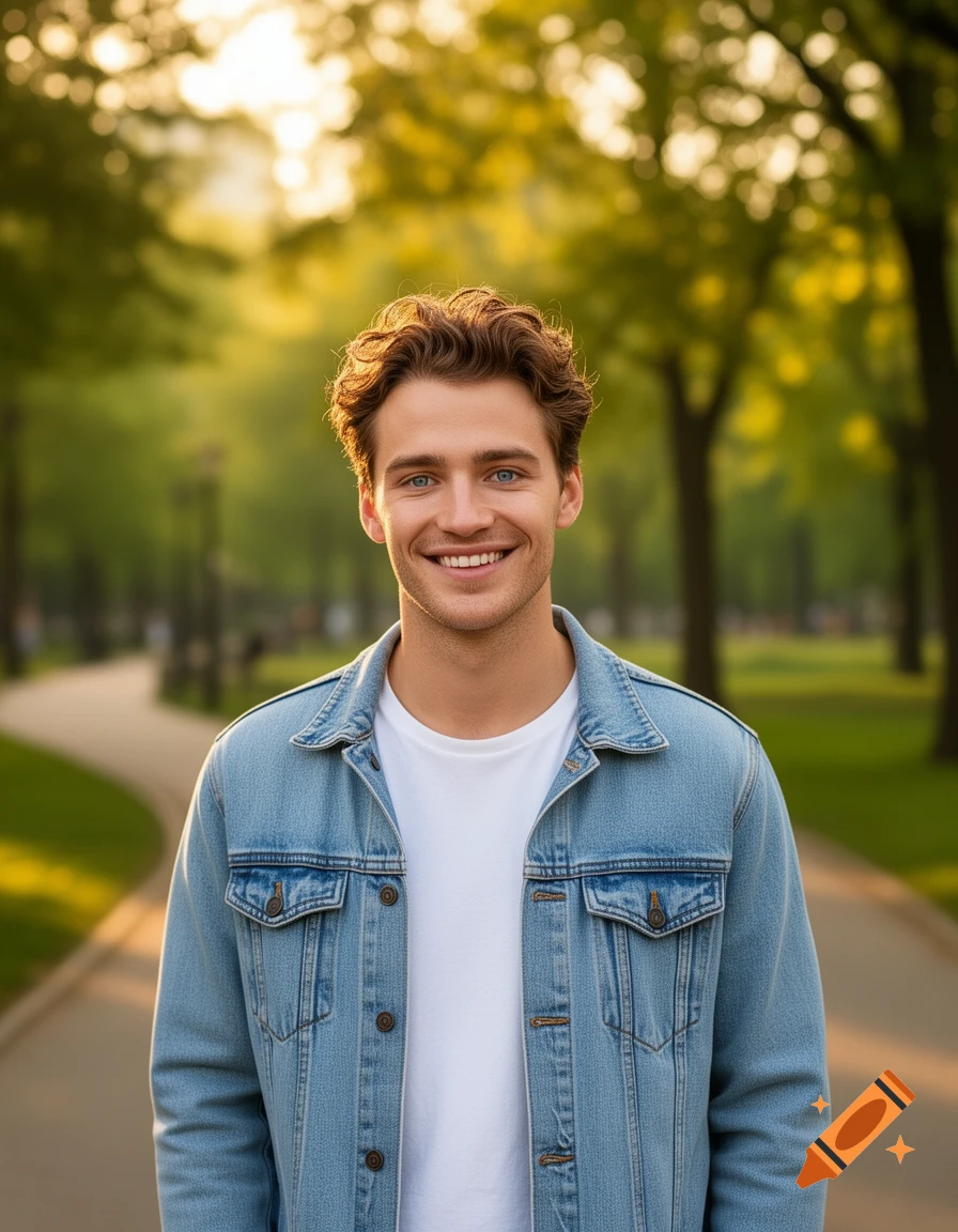 Smiling young Caucasian man with wavy hair in a denim jacket and white t-shirt, standing in a sunny park.