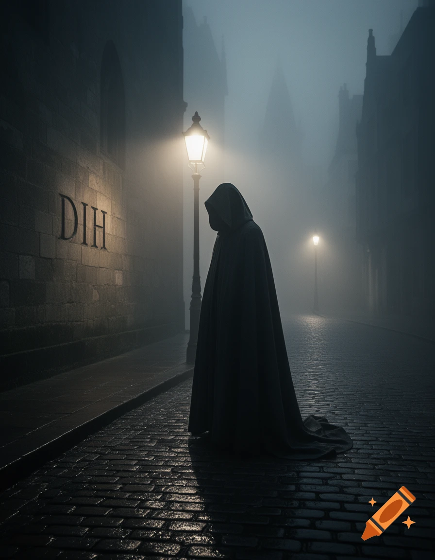 A dark, cloaked figure stands under a glowing streetlamp on a foggy, wet cobblestone street at night, with 'DIH' on a stone wall.