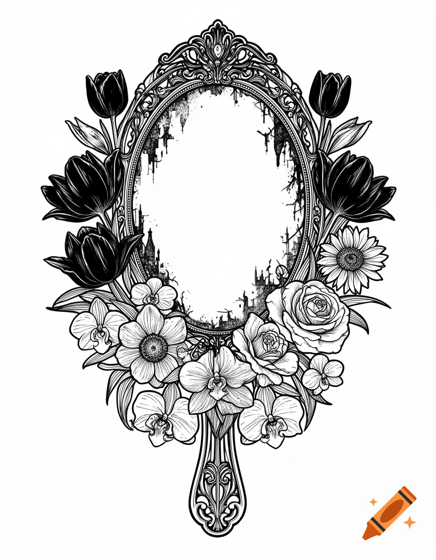 Monochrome line art of an ornate, oval Victorian hand mirror surrounded by dark tulips, orchids, and roses, with a dripping, decayed inner frame effect.
