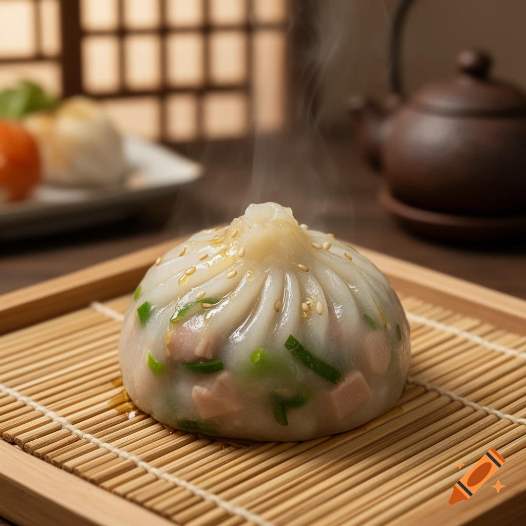 A steaming translucent dumpling filled with green onions and meat, topped with sesame seeds, on a bamboo mat in a photorealistic setting.