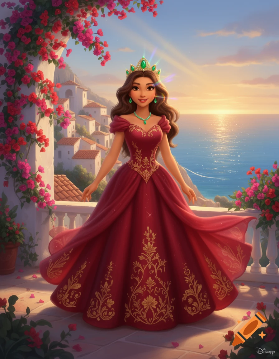 Cartoon princess in a red gown with a jeweled crown and necklace, standing on a balcony overlooking a Mediterranean village and sunset sea.