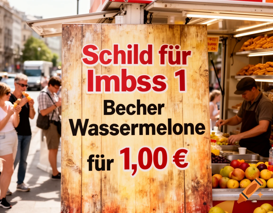Wooden sign at a street food stand for watermelon, with people and vendor in background.
