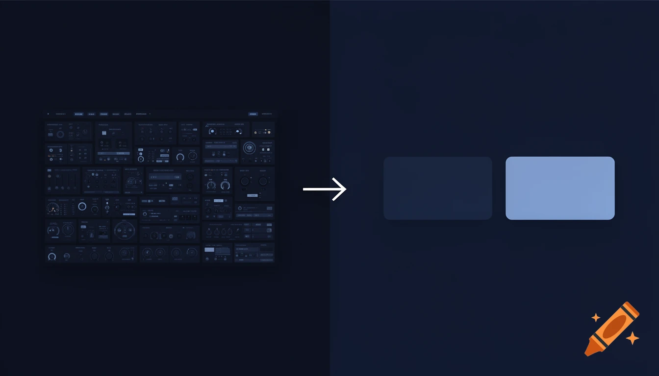 A split-screen UI dashboard concept showing a chaotic, cluttered dark interface on the left and a calm, minimal interface with two large blue buttons on the right, connected by a white arrow.