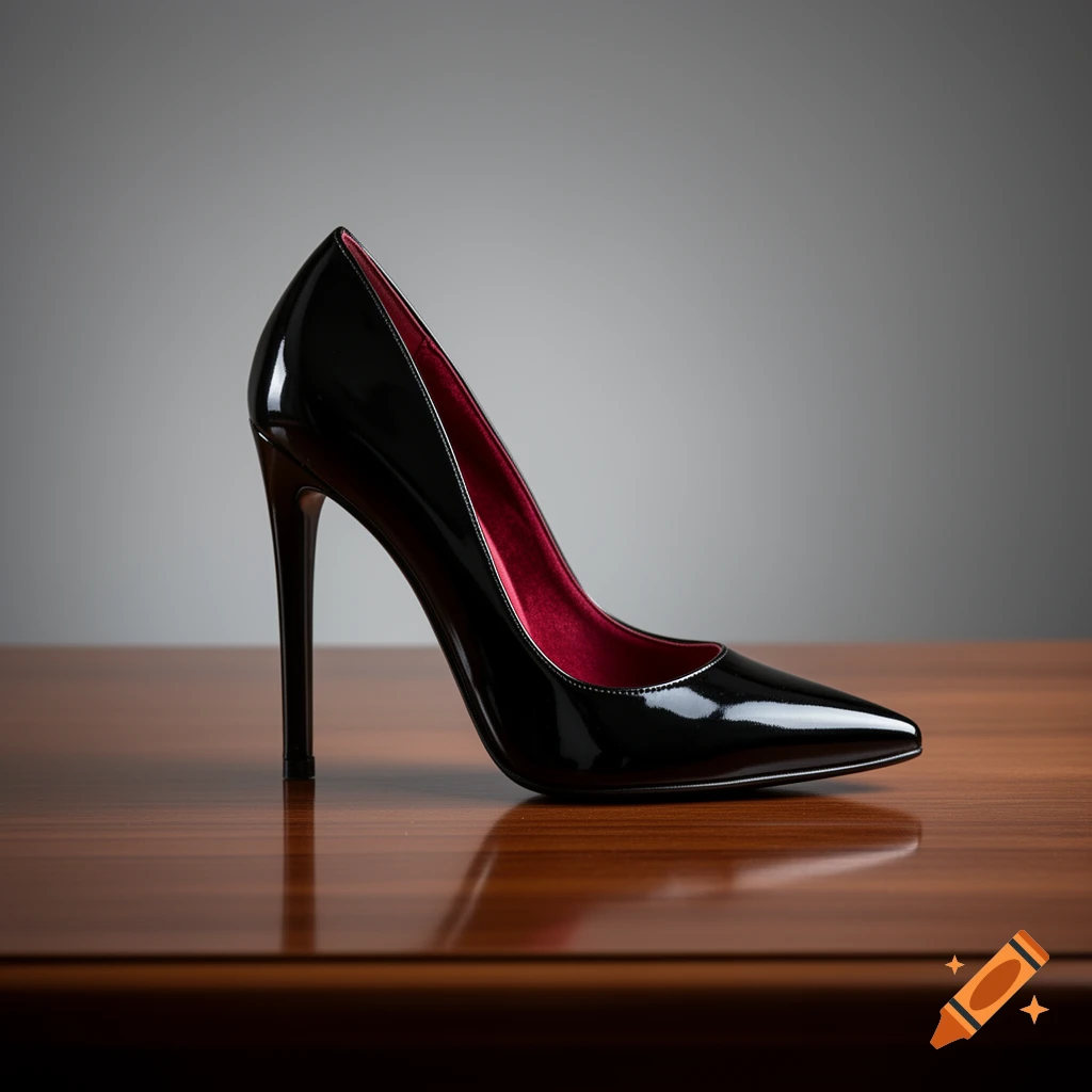 A glossy black high-heeled shoe with a red lining sits on a polished wooden table, against a gray background.