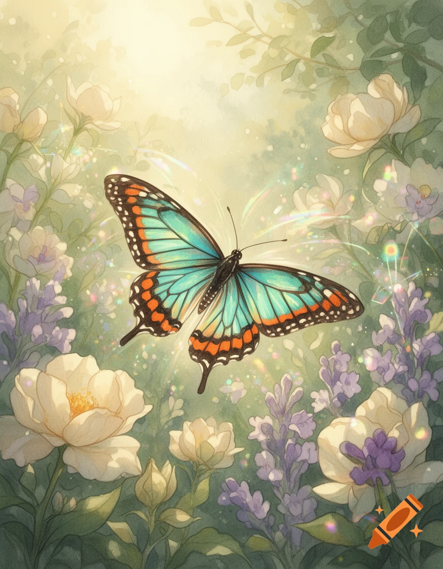A vibrant blue and orange butterfly with sparkling wings flies among white and purple flowers in a soft watercolor style.
