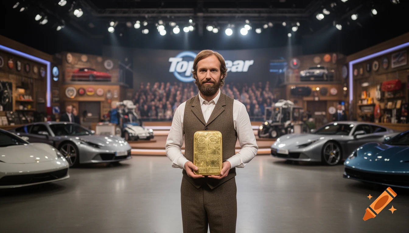 A man in a vest holds a golden tablet on a 'Top Gear' set, surrounded by sports cars and an audience.