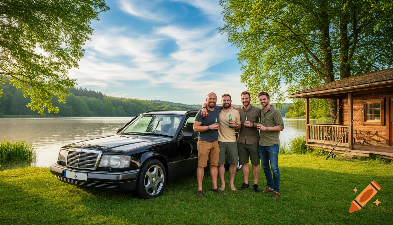 Four men holding beer bottles next to a black Mercedes car by a lake, with a wooden cabin and fishing rods in a sunny, natural setting.