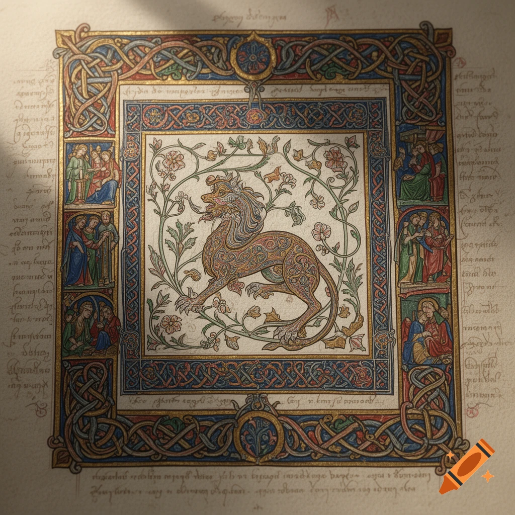 An ornate medieval illuminated manuscript page with a central mythical beast, floral designs, small religious scenes, and script.